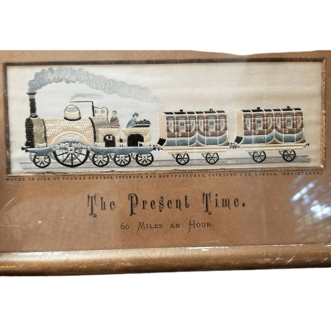 Antique Steam Locomotive Stevengraph Pure Silk Woven Picture "The Present Time"