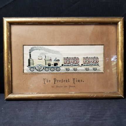 Antique Steam Locomotive Stevengraph Pure Silk Woven Picture "The Present Time"