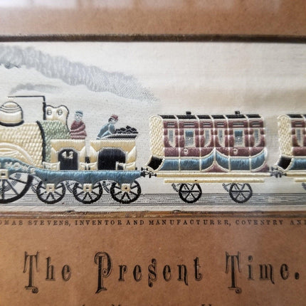 Antique Steam Locomotive Stevengraph Pure Silk Woven Picture "The Present Time"