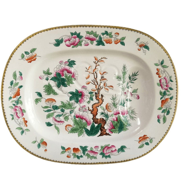 Antiker Royal Doulton Indischer Baumfleischteller mit Abflussrinne, handbemaltes polychromes Transfergeschirr, 19,25" x 15,5" um 1890