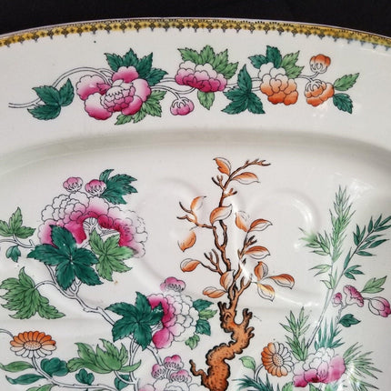 Antiker Royal Doulton Indischer Baumfleischteller mit Abflussrinne, handbemaltes polychromes Transfergeschirr, 19,25" x 15,5" um 1890