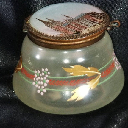 Bohemian Enameled glass With Reverse Painted Cologne Cathedral Lid Hinged Dresse