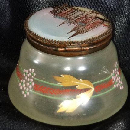 Bohemian Enameled glass With Reverse Painted Cologne Cathedral Lid Hinged Dresse