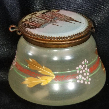 Bohemian Enameled glass With Reverse Painted Cologne Cathedral Lid Hinged Dresse