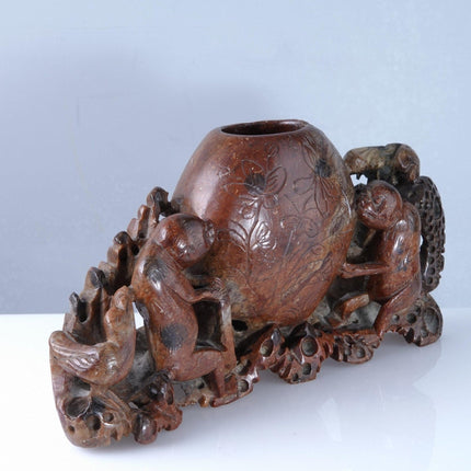 Antique Chinese Soapstone Monkeys Brush Washer or small vase