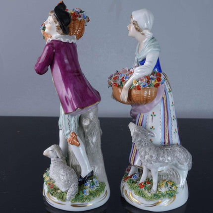 c1900 Antique Dresden  Man and Woman Gathering Flowers with sheep