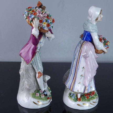 c1900 Antique Dresden  Man and Woman Gathering Flowers with sheep