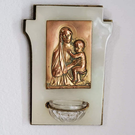 Um 1880 Französisches Bronzerelief auf Onyx Weihwasserbecken Madonna und ein Jesuskind signiert A. Verkauf
