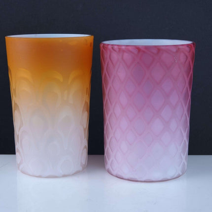 c1890 Mother of Pearl glass tumblers Apricot Peacock Eye and Pink Diamond Quilte