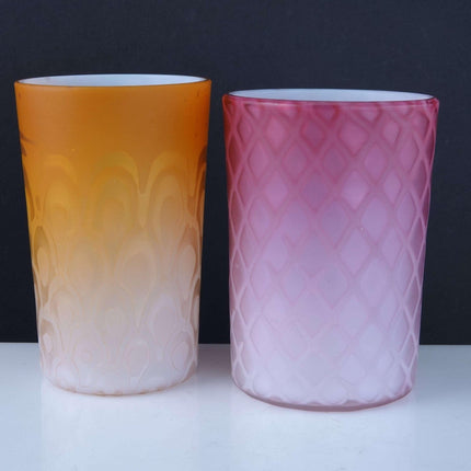 c1890 Mother of Pearl glass tumblers Apricot Peacock Eye and Pink Diamond Quilte