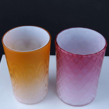 c1890 Mother of Pearl glass tumblers Apricot Peacock Eye and Pink Diamond Quilte