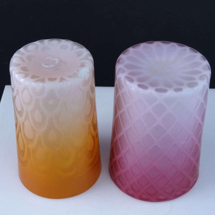c1890 Mother of Pearl glass tumblers Apricot Peacock Eye and Pink Diamond Quilte
