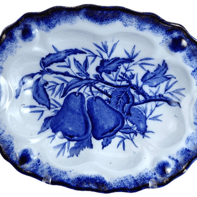 c1890 Clementson Bros Flow Blue Fruit Pattern Scalloped serving bowl.