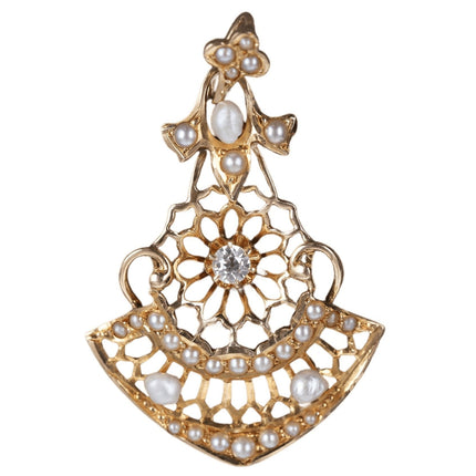 c1900 14k Gold Diamond and seed pearl Lavalier pendant
