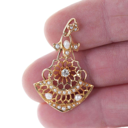 c1900 14k Gold Diamond and seed pearl Lavalier pendant