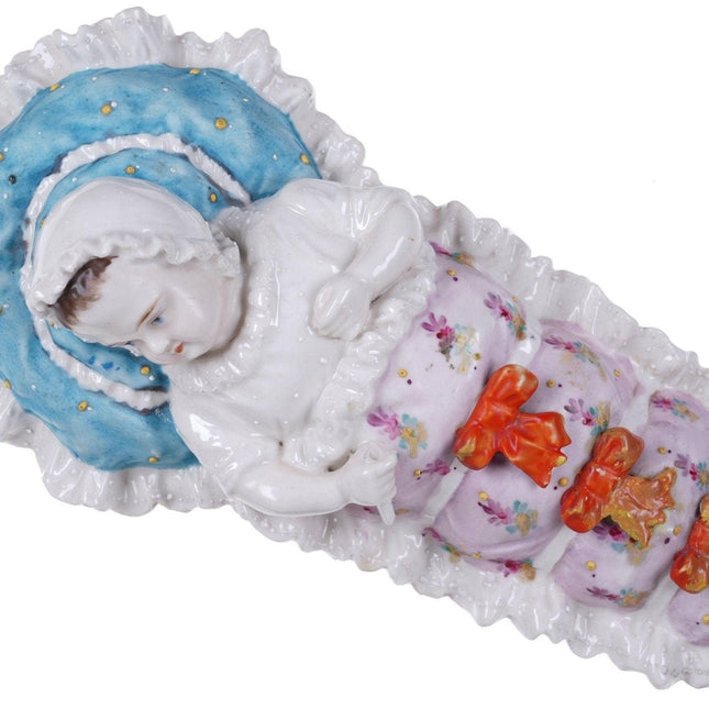 c1870 European porcelain Covered dish with baby in crib