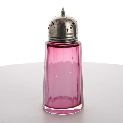 c1890 Cranberry Glass Muffineer Sugar Shaker with Cut paneled Sides