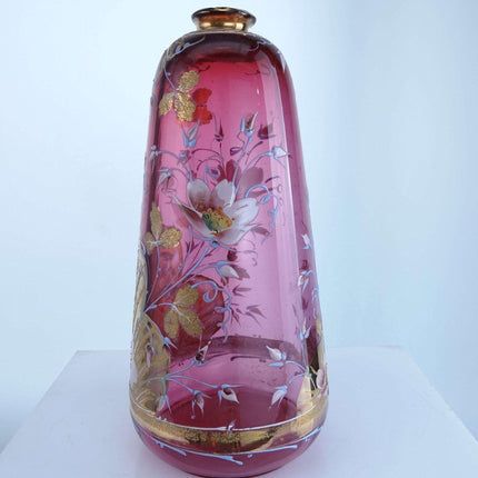 c1890 Coralene and Heavily Enameled Cranberry Art glass Vase with lots of gold