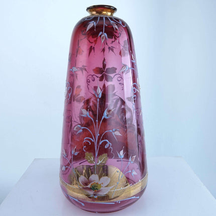 c1890 Coralene and Heavily Enameled Cranberry Art glass Vase with lots of gold
