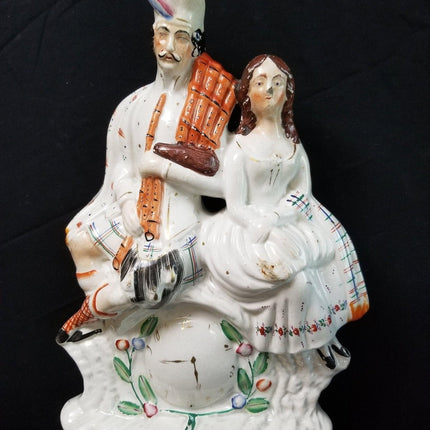 c1870 Antique Staffordshire Figure Highlander Couple with Clock 14" x 9" wide