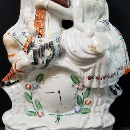 c1870 Antique Staffordshire Figure Highlander Couple with Clock 14" x 9" wide