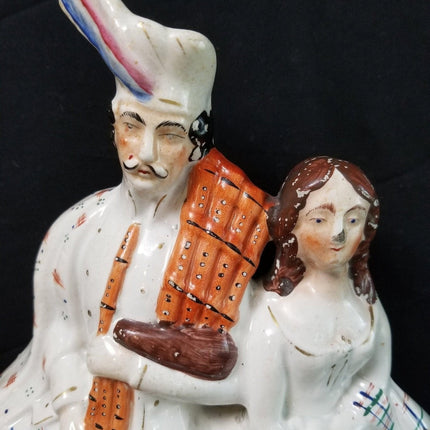 c1870 Antique Staffordshire Figure Highlander Couple with Clock 14" x 9" wide