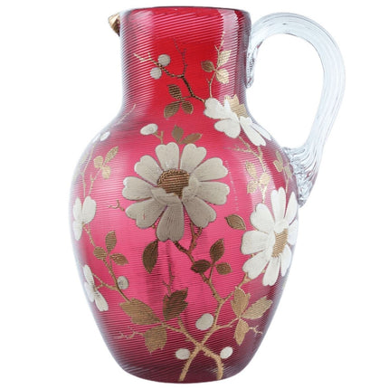 c1890 Cranberry Threaded Enameled Water pitcher