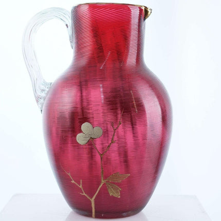 c1890 Cranberry Threaded Enameled Water pitcher