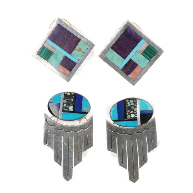 2pr Vintage Native American Sterling Multi-Stone inlay earrings