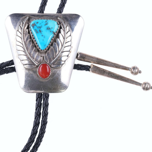Large Vintage Navajo Sterling, turquoise, and coral bolo tie