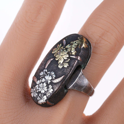 Anello Meiji giapponese Shakudo in argento sterling/oro su bronzo in metallo misto