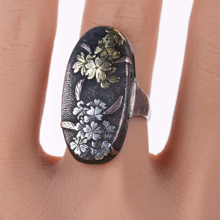 Anello Meiji giapponese Shakudo in argento sterling/oro su bronzo in metallo misto