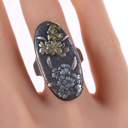 Anello Meiji giapponese Shakudo in argento sterling/oro su bronzo in metallo misto