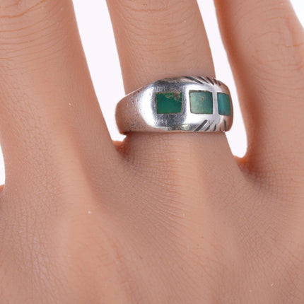 sz7 30's-40's Zuni Silver and turquoise flush inlay ring