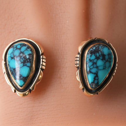 Navajo Will Denetdale 14k gold High grade spiderweb turquoise earrings