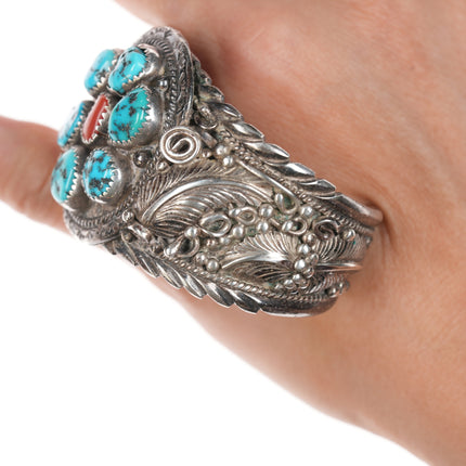 6 3/8" Navajo Silver Turquoise and coral cluster cuff bracelet with leafwork
