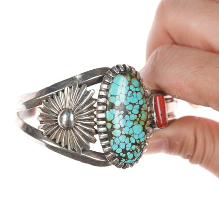 6 5/8" Clem Nalwood Navajo silver turquoise, and coral cuff bracelet