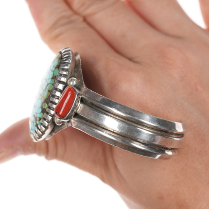 6 5/8" Clem Nalwood Navajo silver turquoise, and coral cuff bracelet