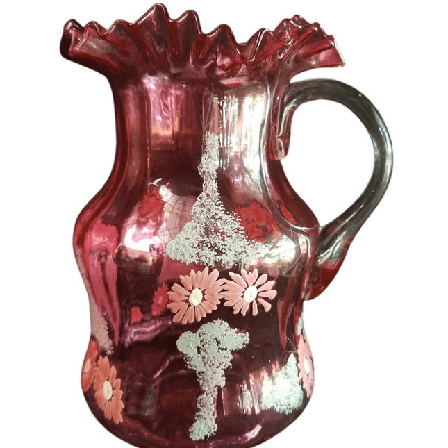 Antique Cranberry Enameled Water Pitcher 9.75" tall c.1890