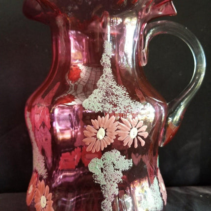 Antique Cranberry Enameled Water Pitcher 9.75" tall c.1890