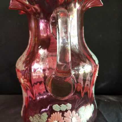 Antique Cranberry Enameled Water Pitcher 9.75" tall c.1890