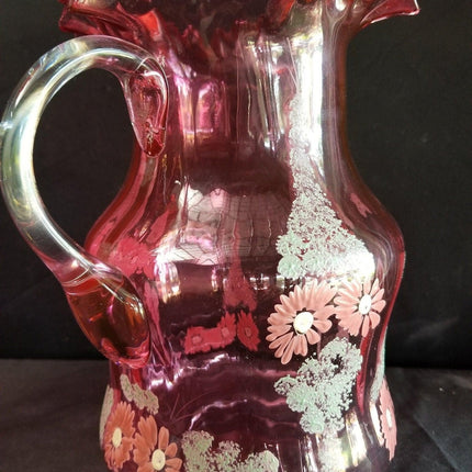 Antique Cranberry Enameled Water Pitcher 9.75" tall c.1890