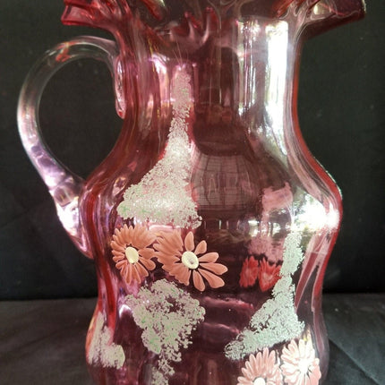 Antique Cranberry Enameled Water Pitcher 9.75" tall c.1890