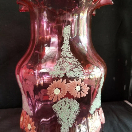 Antique Cranberry Enameled Water Pitcher 9.75" tall c.1890