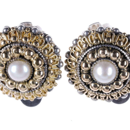 Vintage Ohrclips aus 18-karätigem Gold und Sterlingsilber mit Perlen