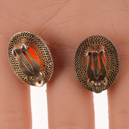 c1940's Vintage Chinese Gilt Filigree Silver Carnelian clip-on earrings