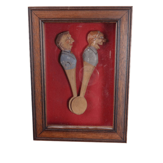 c1950 Vintage Carved wood spoons in shadowbox frame