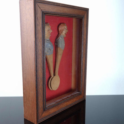 c1950 Vintage Carved wood spoons in shadowbox frame