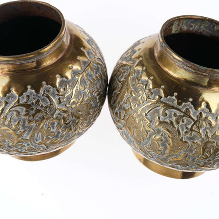 Pr Antique Asian Brass Vases with ornate Repousse work
