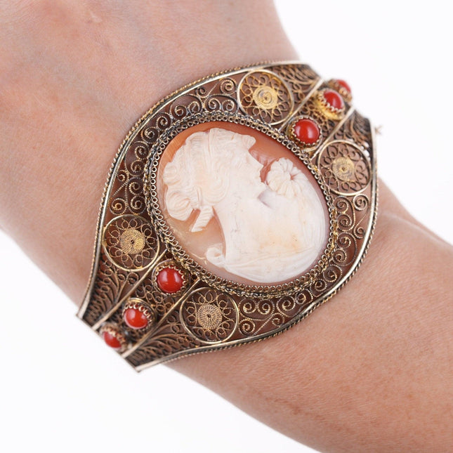 7.5" Antique Italian Gilt 800 Silver Filigree Cameo Bracelet with coral